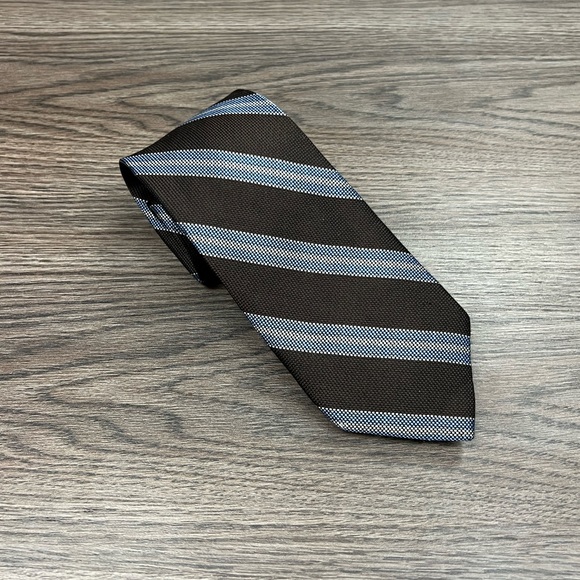 Oxxford Clothes Brown w/ Blue & White Stripe Silk Tie - Picture 1 of 5